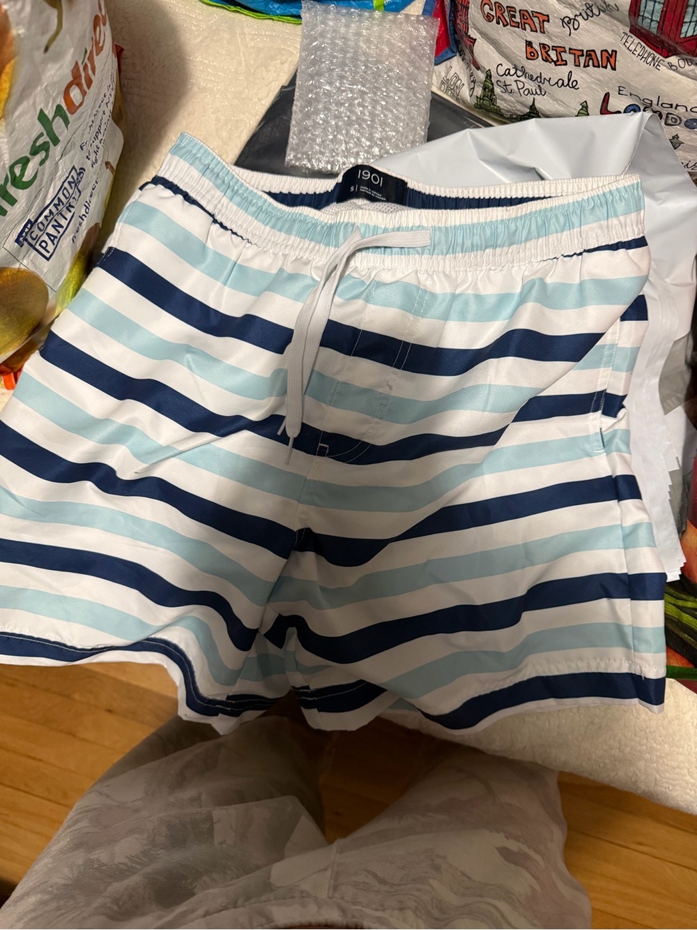 1901 Navy & Light Blue Striped Swim Shorts